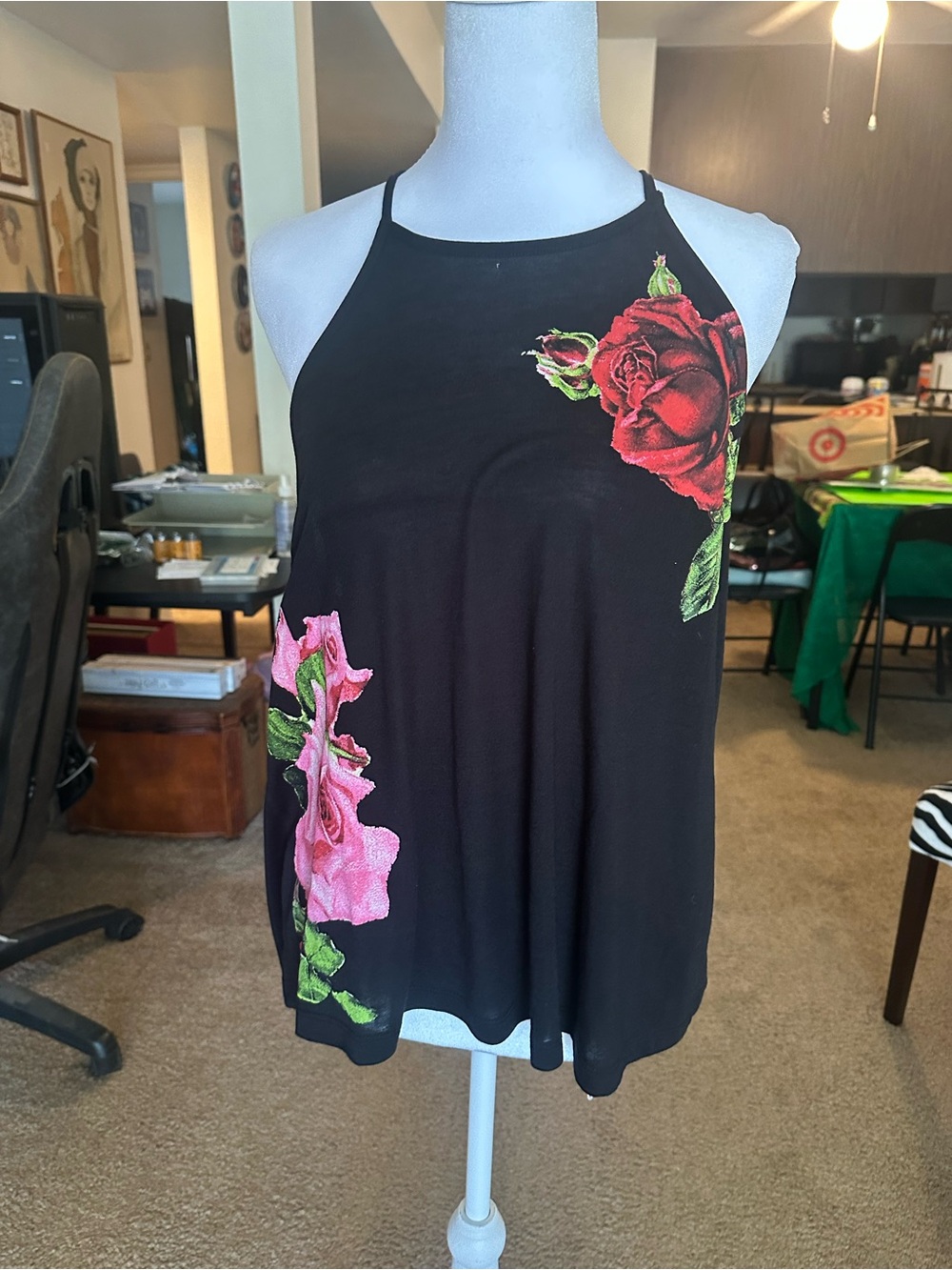 Sleeveless Black Floral Halter Tank with Red & Pink Roses